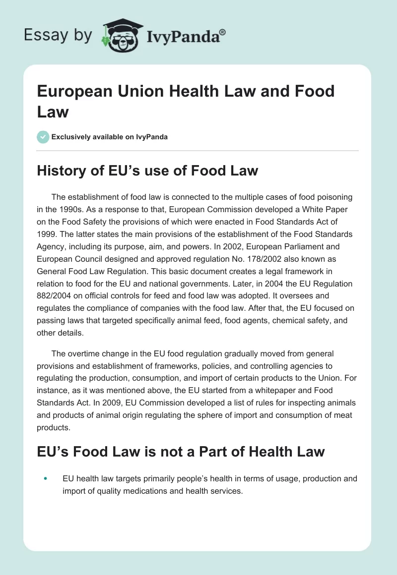 European Union Health Law and Food Law. Page 1