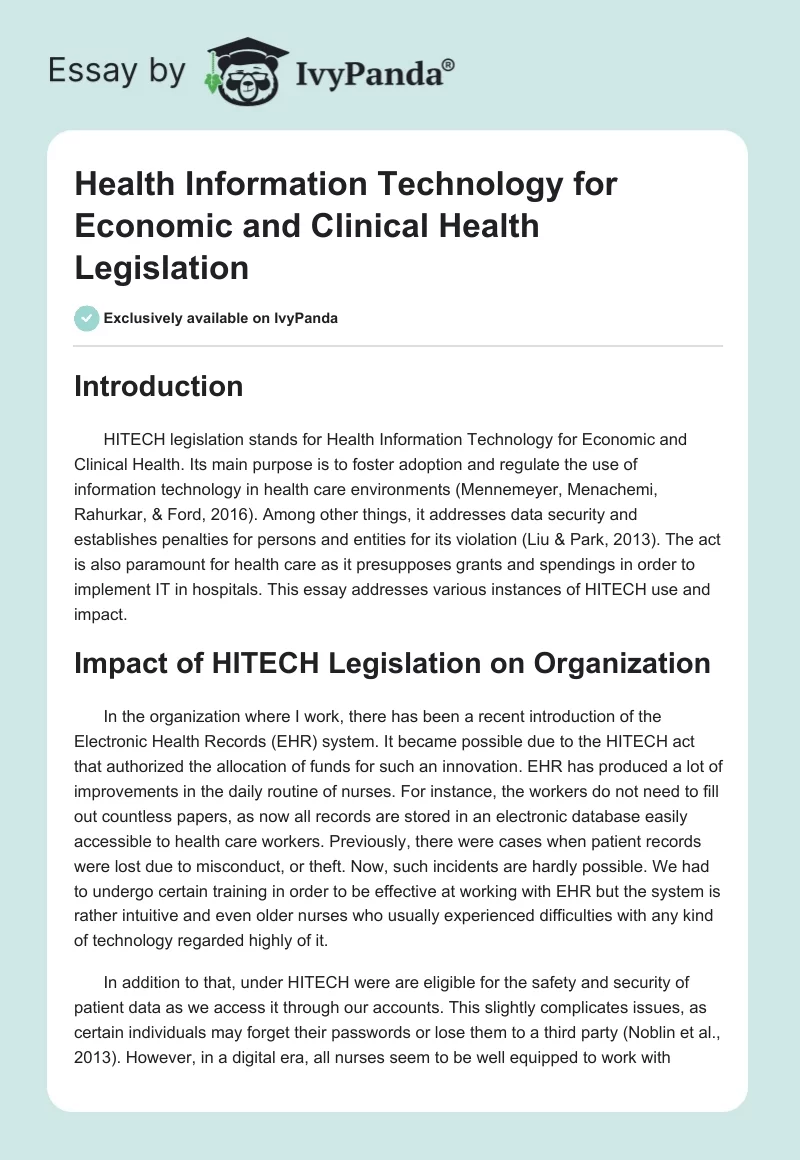 Health Information Technology for Economic and Clinical Health Legislation. Page 1