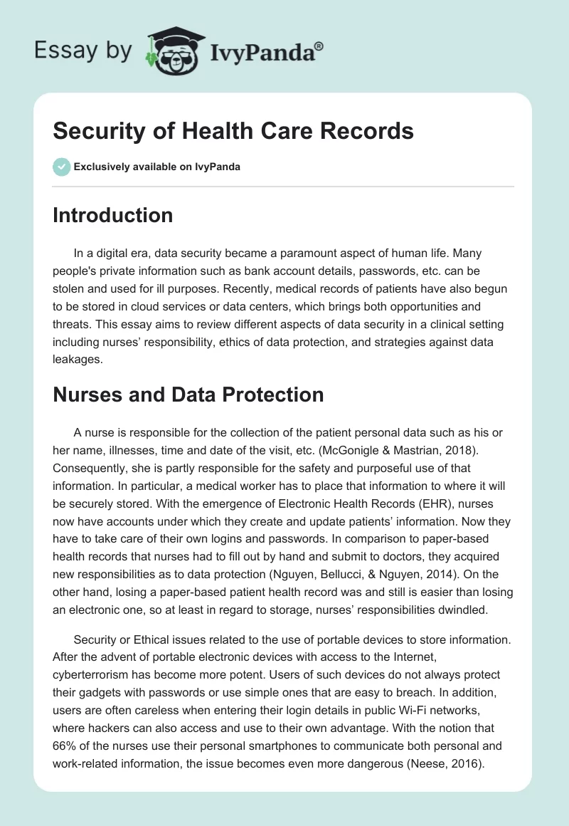 Security of Health Care Records. Page 1