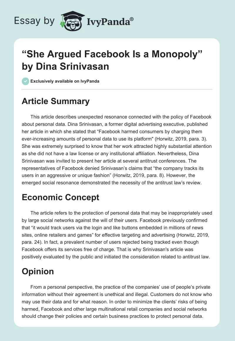 “She Argued Facebook Is a Monopoly” by Dina Srinivasan. Page 1