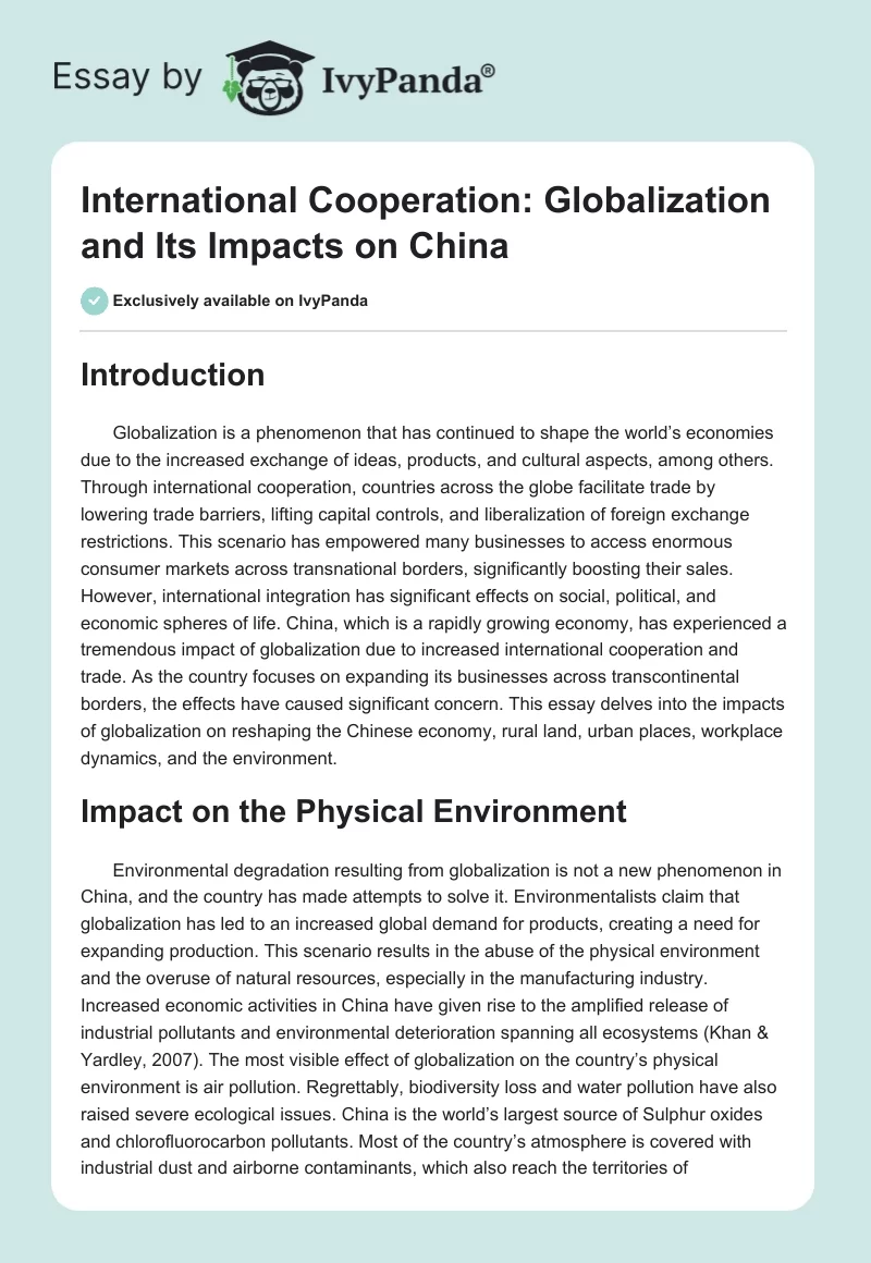 International Cooperation: Globalization and Its Impacts on China. Page 1