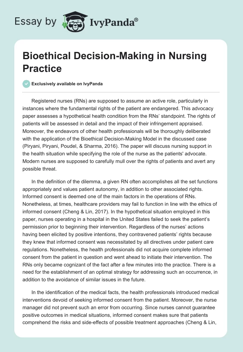 Bioethical Decision-Making in Nursing Practice. Page 1