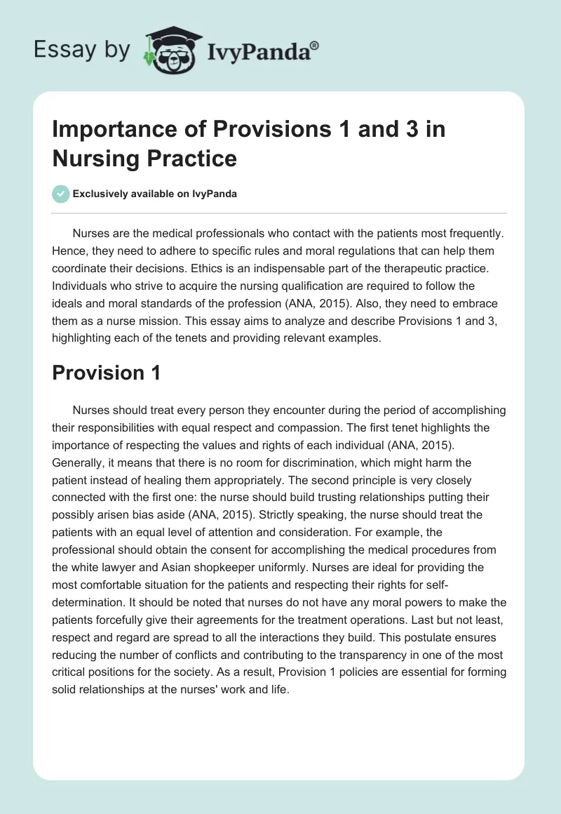 Importance of Provisions 1 and 3 in Nursing Practice. Page 1