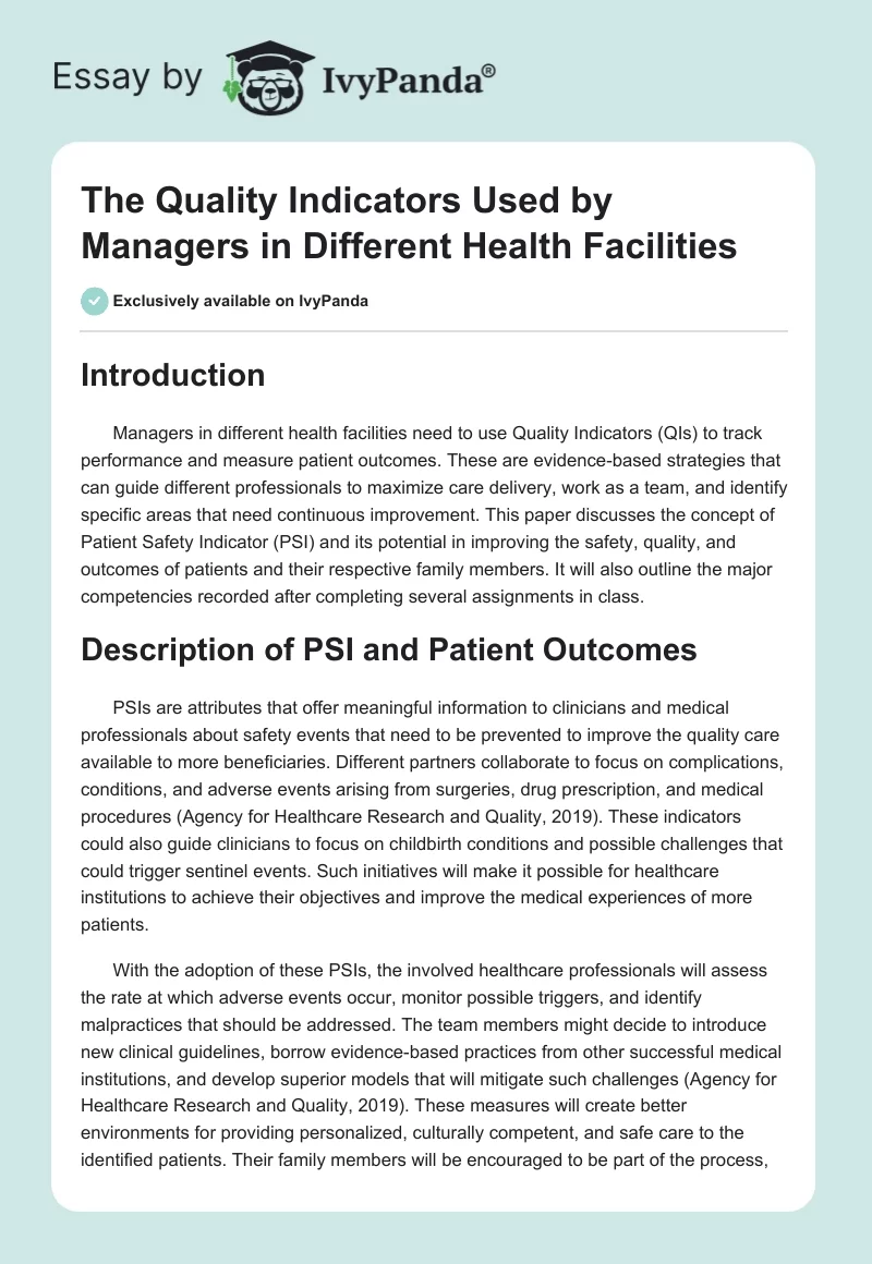 The Quality Indicators Used by Managers in Different Health Facilities. Page 1