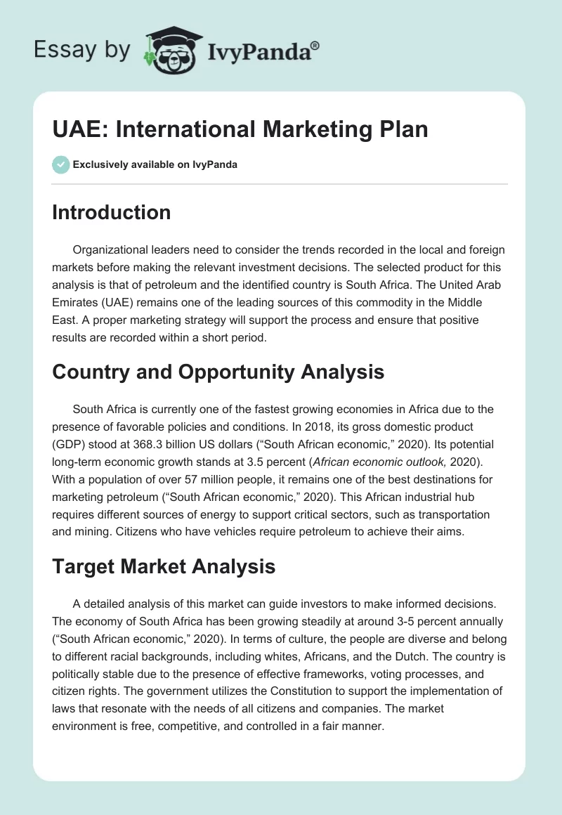 UAE: International Marketing Plan. Page 1