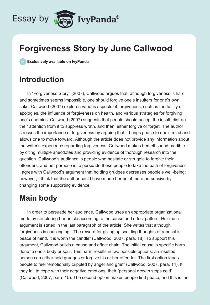 "Forgiveness Story" by June Callwood. Page 1