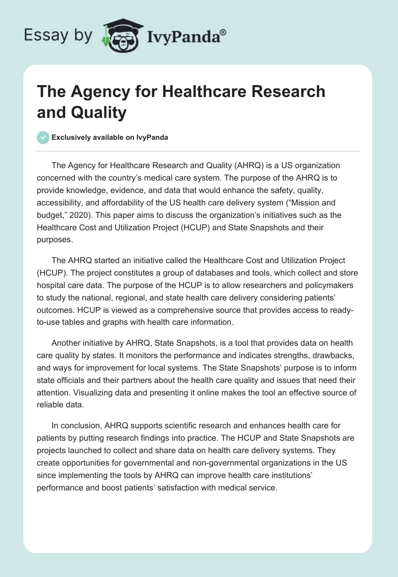 The Agency for Healthcare Research and Quality. Page 1