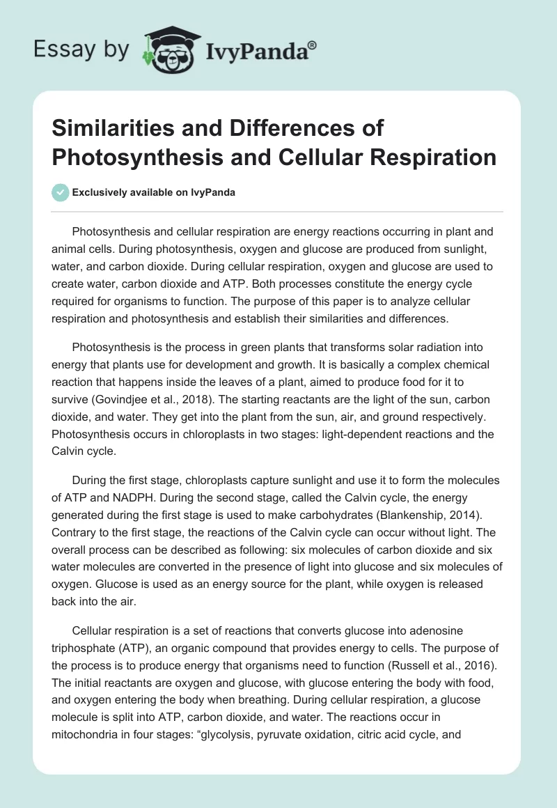 Similarities and Differences of Photosynthesis and Cellular Respiration. Page 1