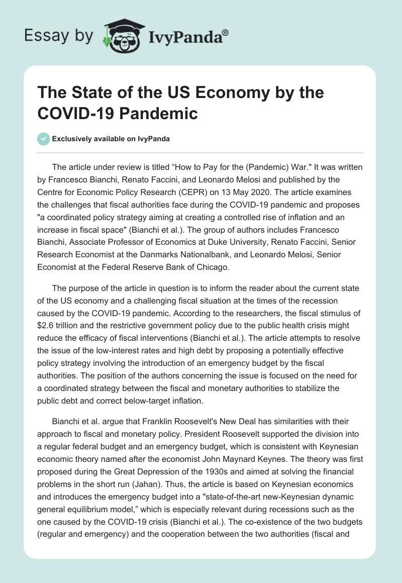 The State of the US Economy by the COVID-19 Pandemic. Page 1