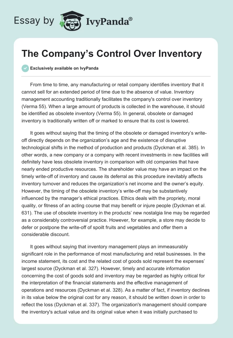 The Company’s Control Over Inventory. Page 1