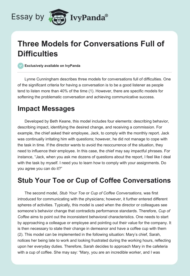 Three Models for Conversations Full of Difficulties. Page 1