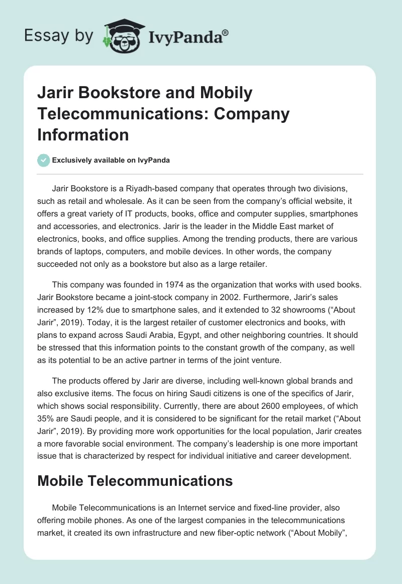 Jarir Bookstore and Mobily Telecommunications: Company Information. Page 1