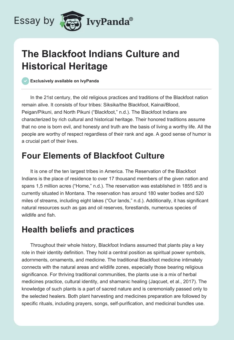 The Blackfoot Indians Culture and Historical Heritage. Page 1
