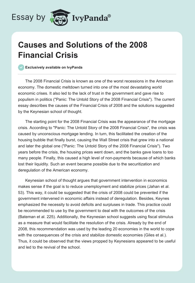 Causes and Solutions of the 2008 Financial Crisis. Page 1