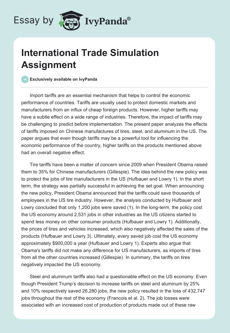 International Trade Simulation Assignment. Page 1