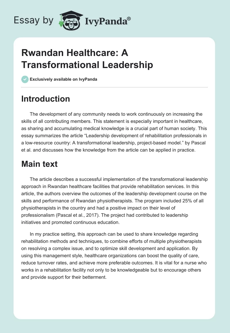 Rwandan Healthcare: A Transformational Leadership. Page 1