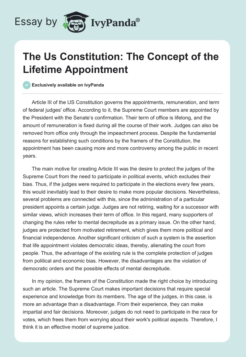 The Us Constitution: The Concept of the Lifetime Appointment. Page 1