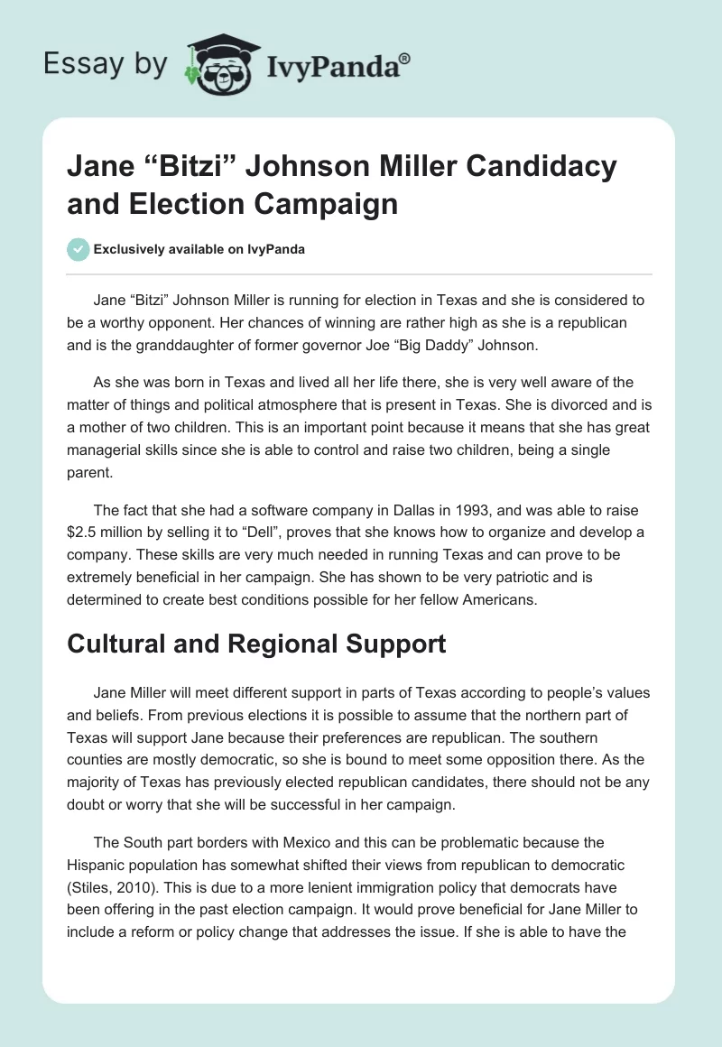 Jane “Bitzi” Johnson Miller Candidacy and Election Campaign. Page 1