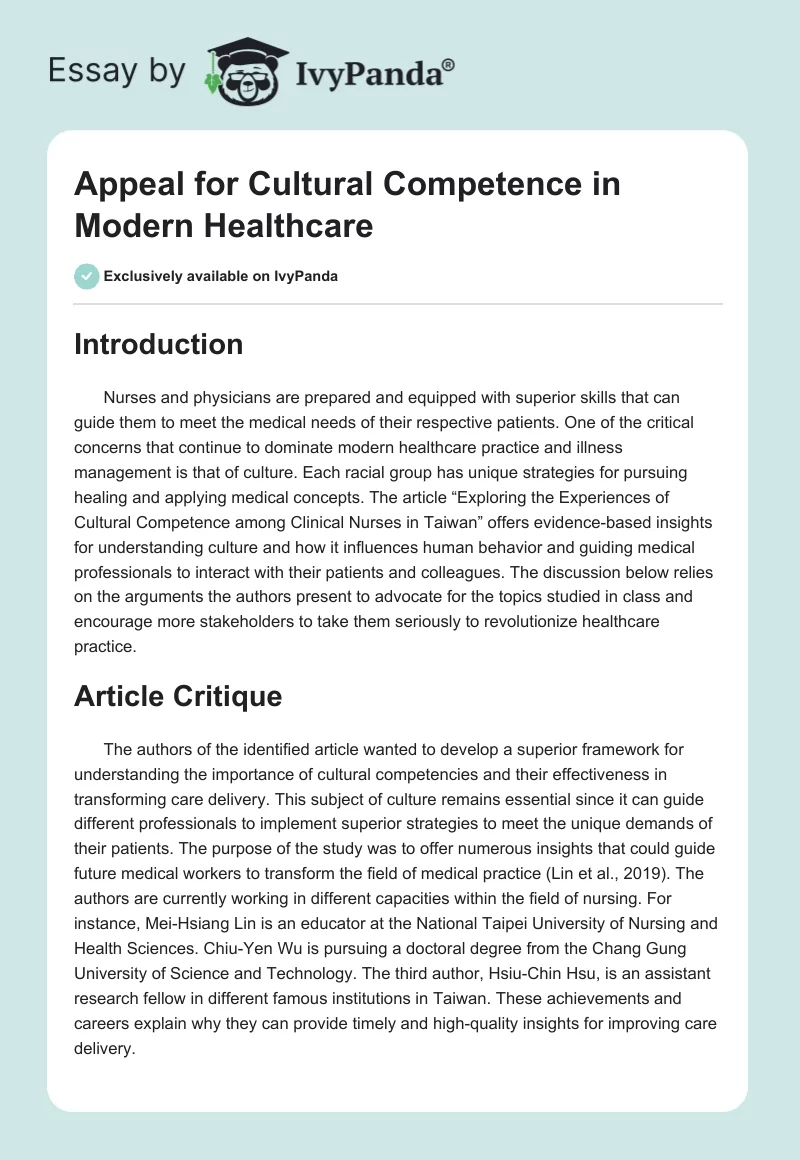 Appeal for Cultural Competence in Modern Healthcare. Page 1