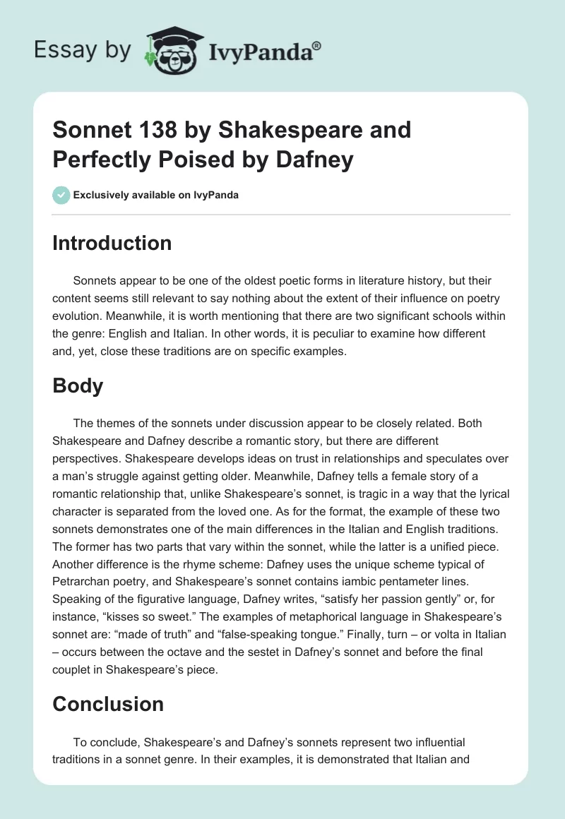 "Sonnet 138" by Shakespeare and "Perfectly Poised" by Dafney. Page 1