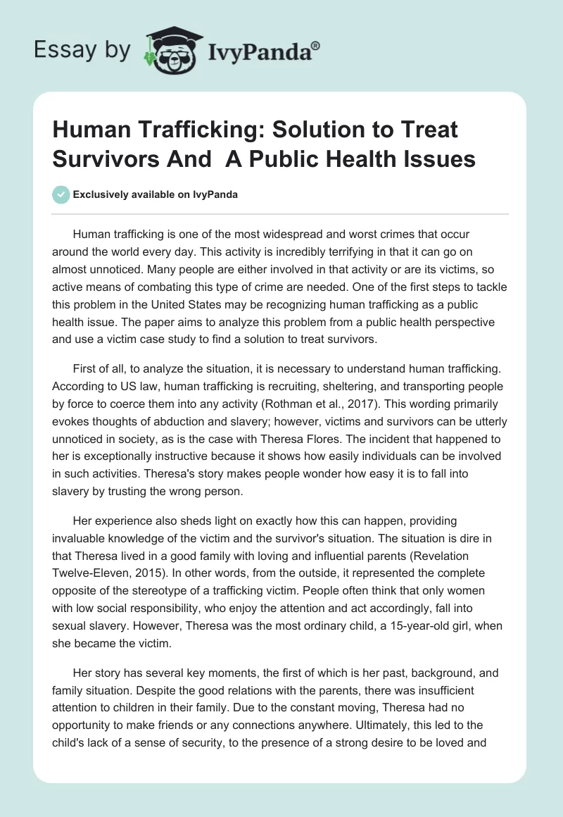 Human Trafficking: Solution to Treat Survivors And  A Public Health Issues. Page 1