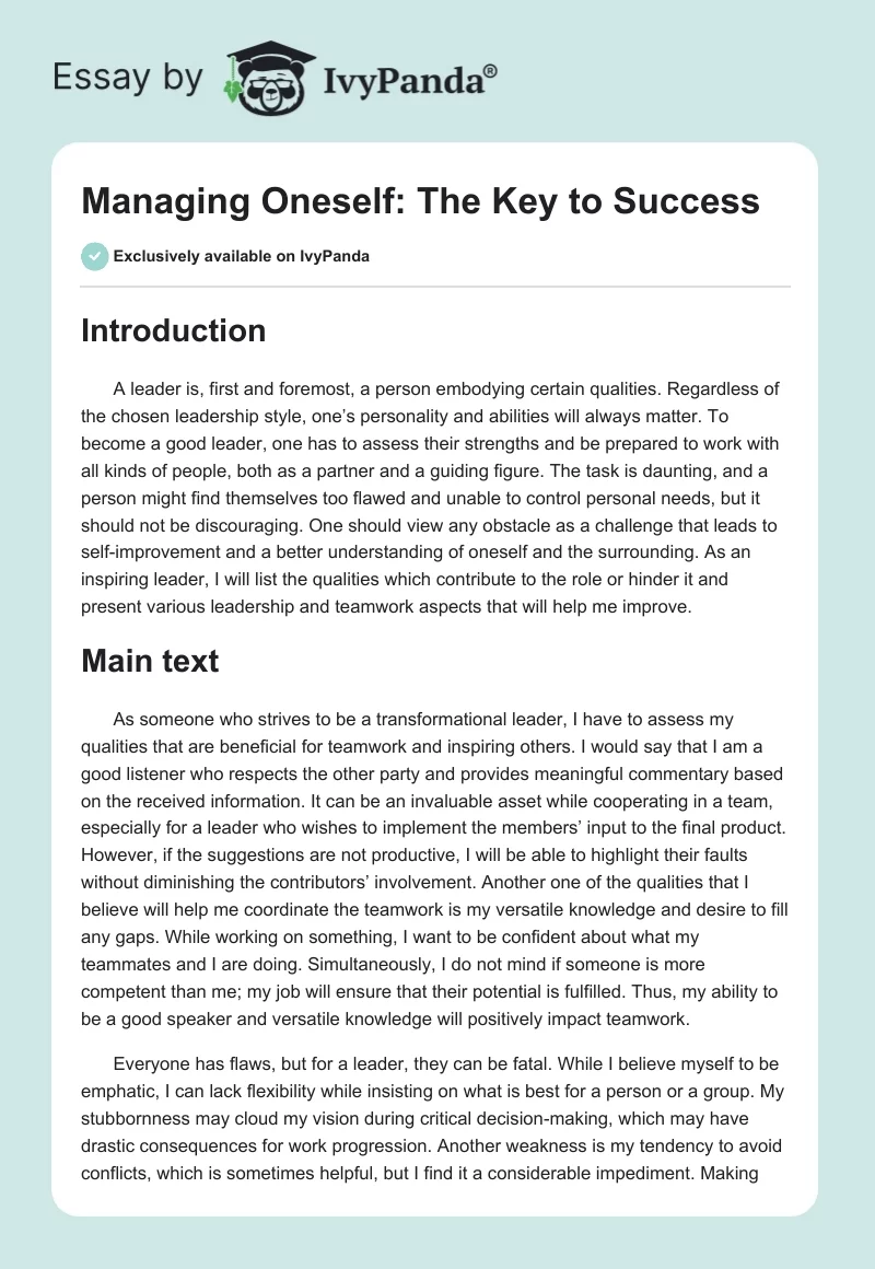 Managing Oneself: The Key to Success. Page 1