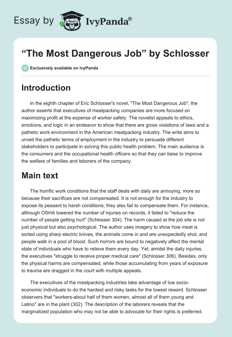 “The Most Dangerous Job” by Schlosser. Page 1
