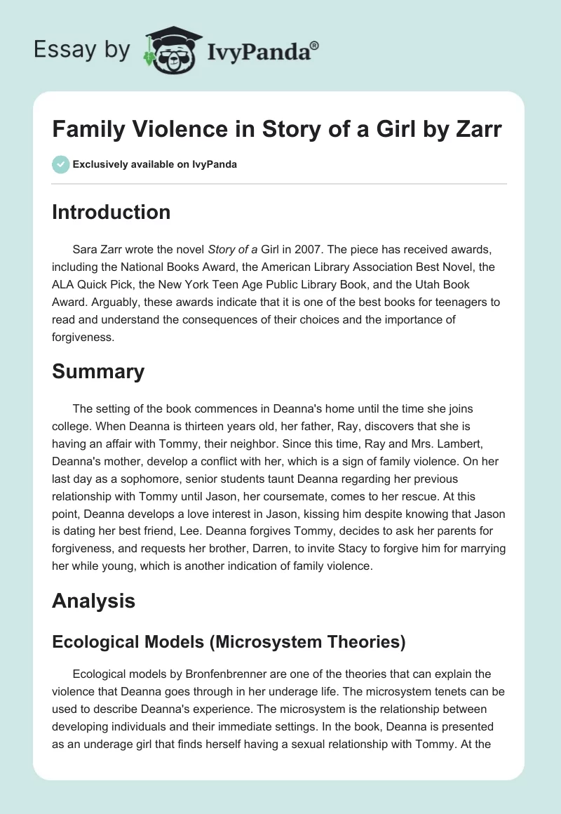 Family Violence in "Story of a Girl" by Zarr. Page 1