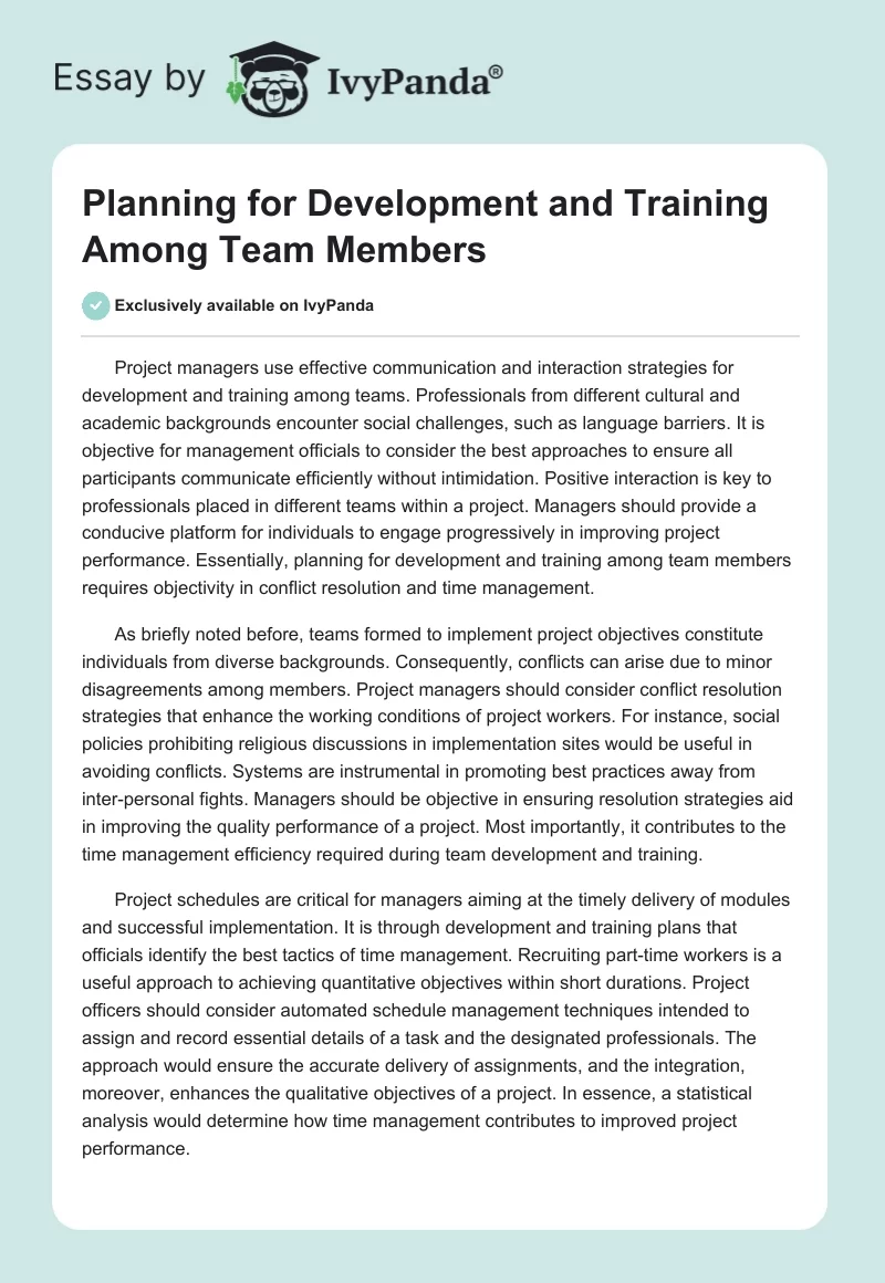 Planning for Development and Training Among Team Members. Page 1