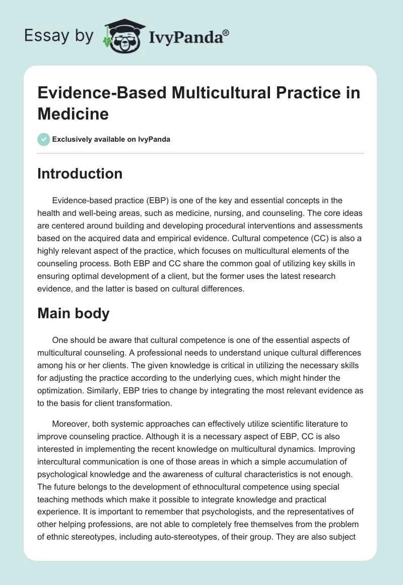 Evidence-Based Multicultural Practice in Medicine. Page 1