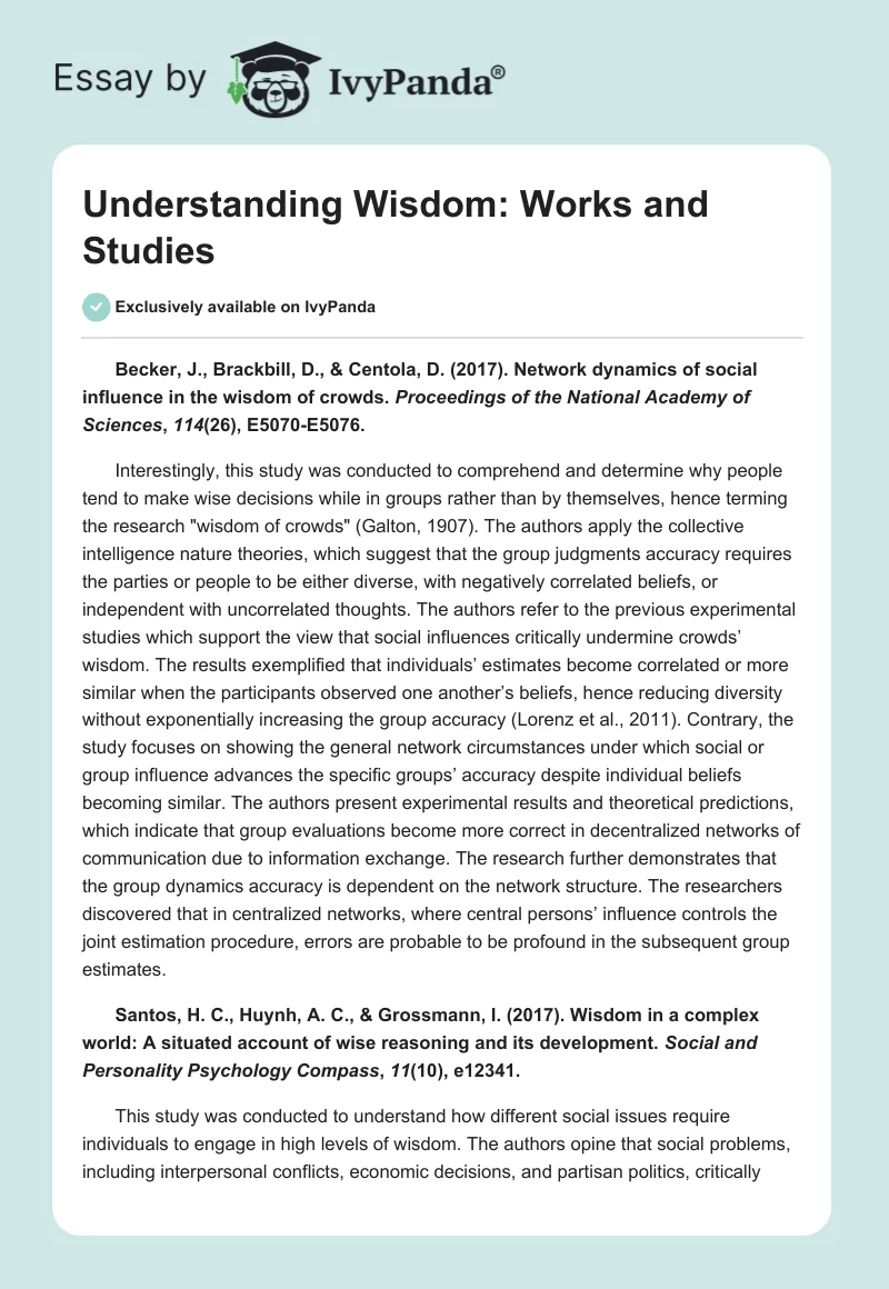 Understanding Wisdom: Works and Studies. Page 1