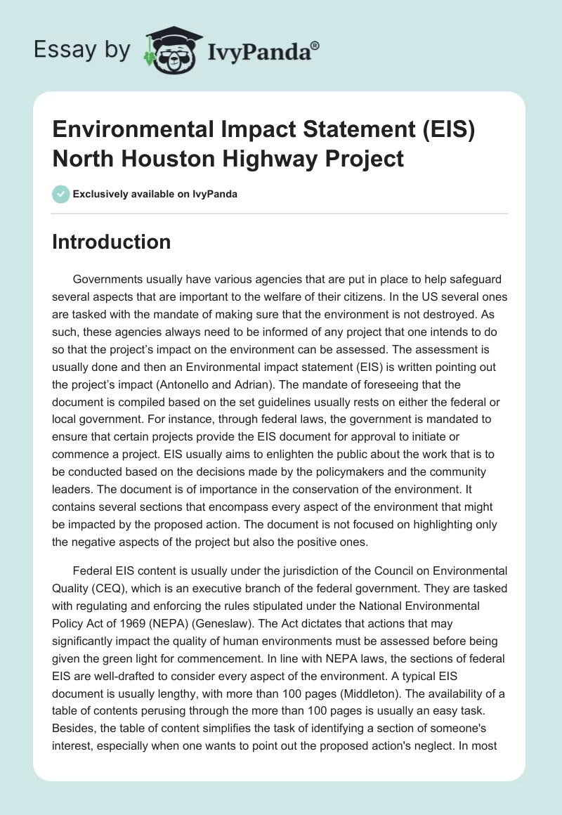Environmental Impact Statement (EIS) North Houston Highway Project. Page 1