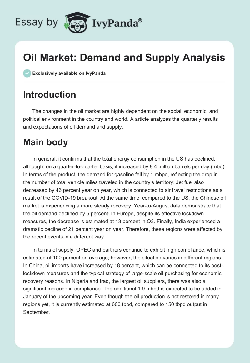 Oil Market: Demand and Supply Analysis. Page 1