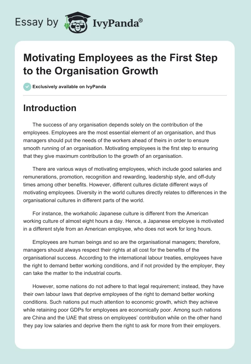 Motivating Employees as the First Step to the Organisation Growth. Page 1