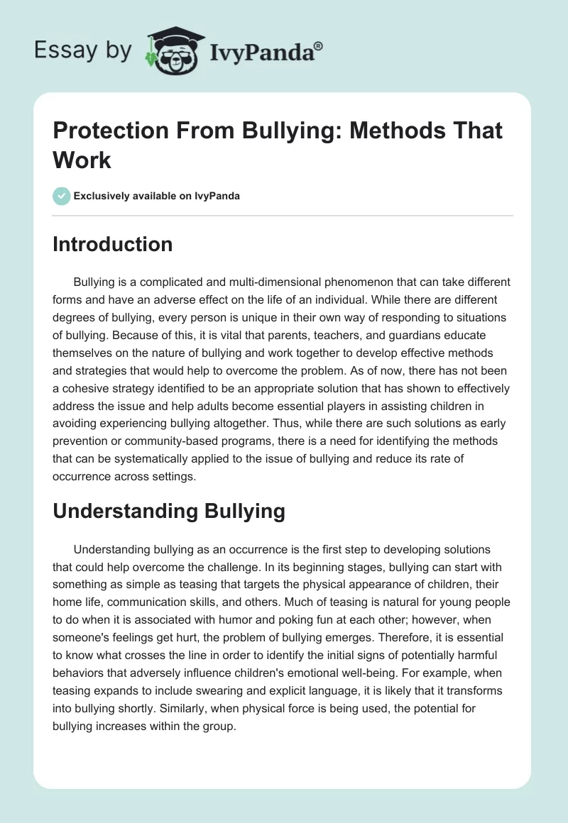 Protection From Bullying: Methods That Work. Page 1