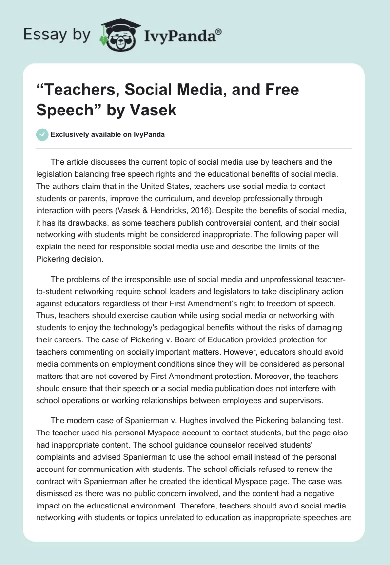 “Teachers, Social Media, and Free Speech” by Vasek. Page 1