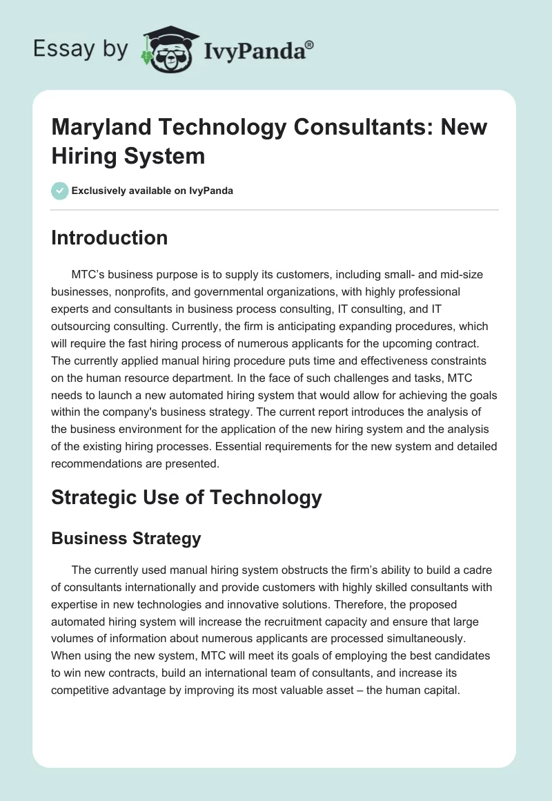 Maryland Technology Consultants: New Hiring System. Page 1