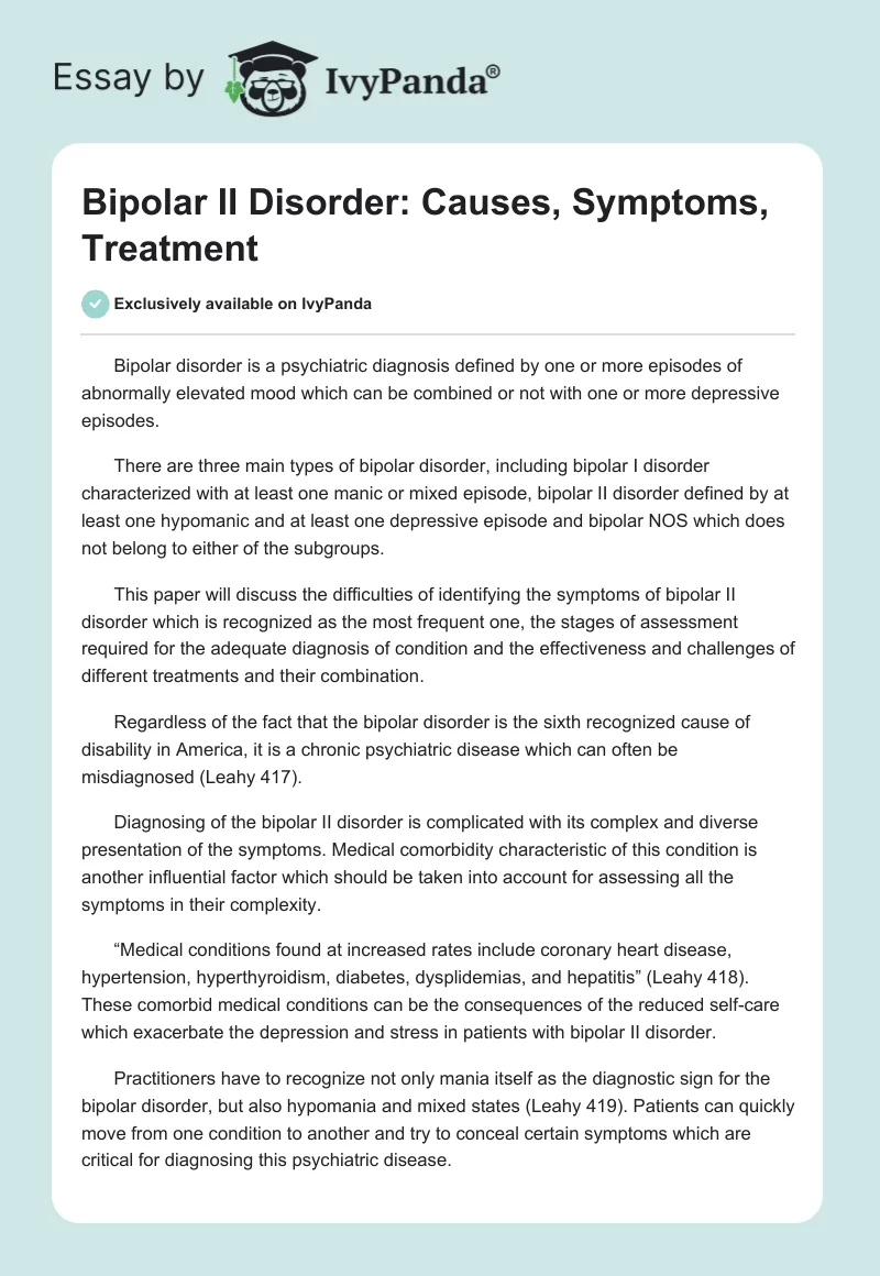 Bipolar II Disorder: Causes, Symptoms, Treatment. Page 1