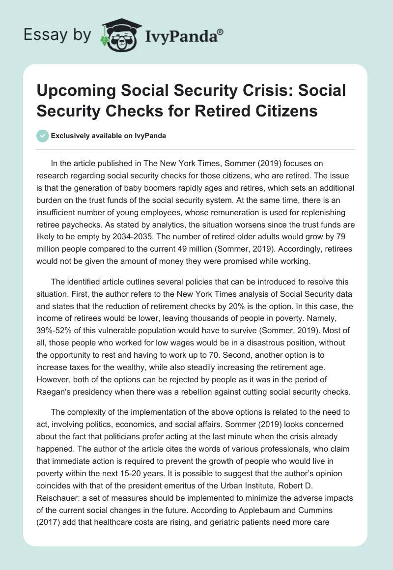 Upcoming Social Security Crisis: Social Security Checks for Retired Citizens. Page 1