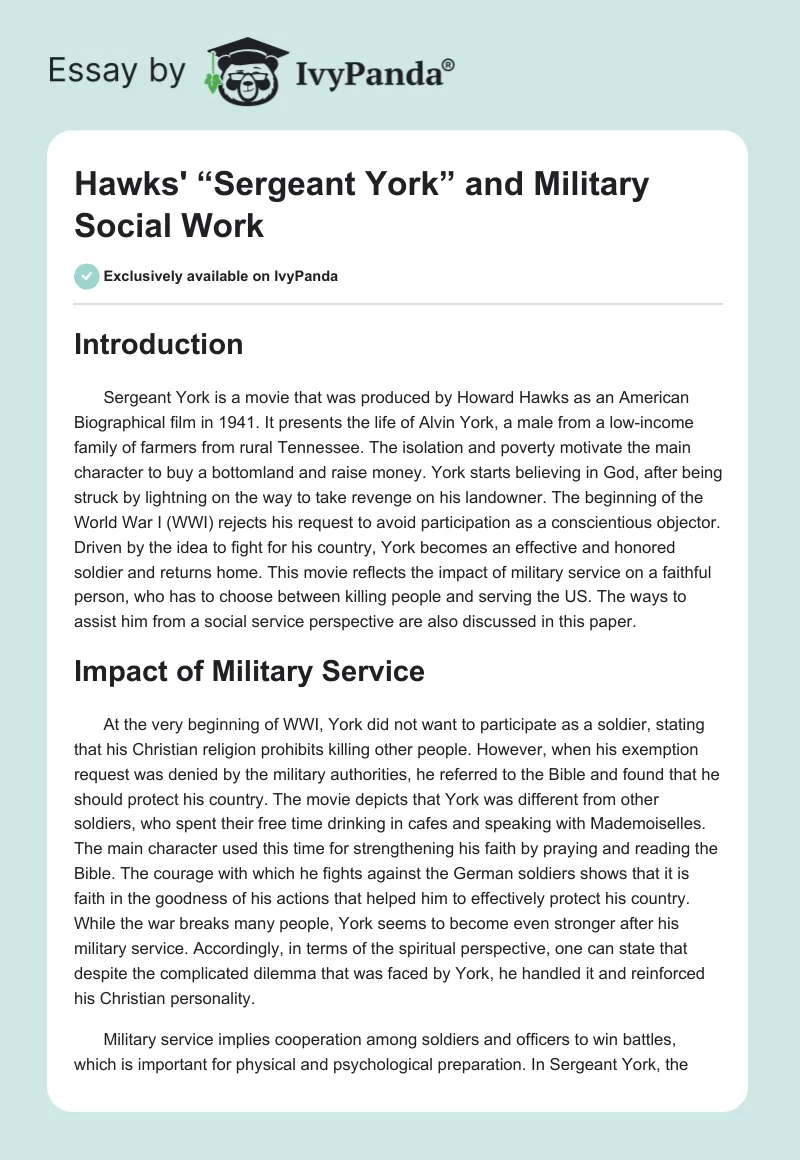 Hawks' “Sergeant York” and Military Social Work. Page 1