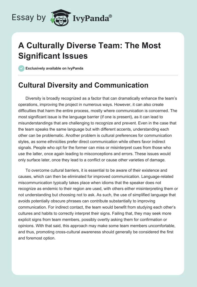 A Culturally Diverse Team: The Most Significant Issues. Page 1