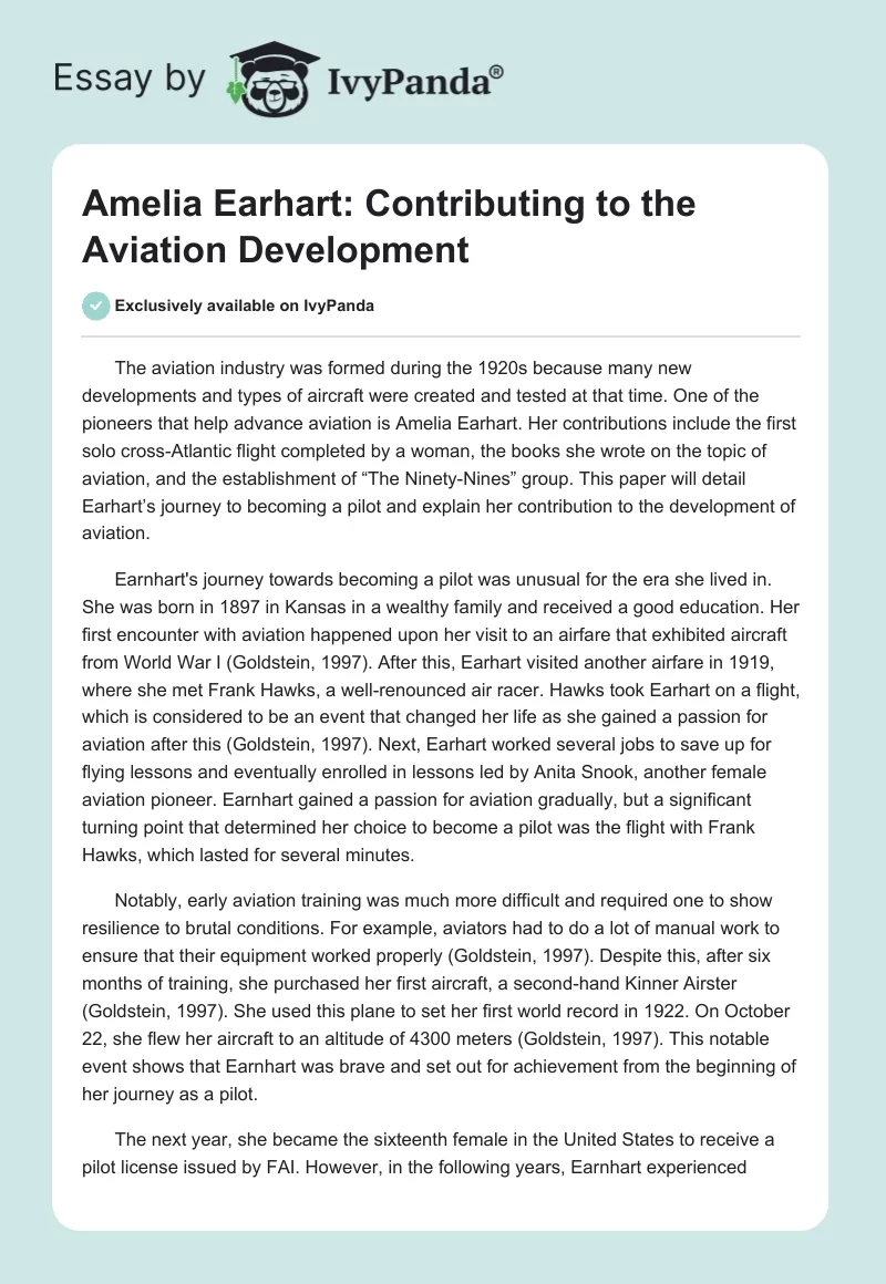 Amelia Earhart: Contributing to the Aviation Development. Page 1