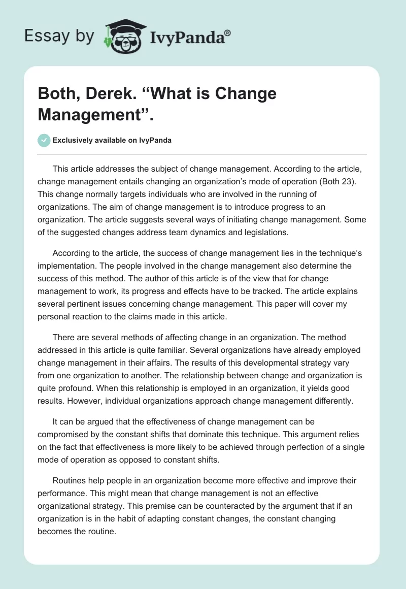 Both, Derek. “What is Change Management”.. Page 1