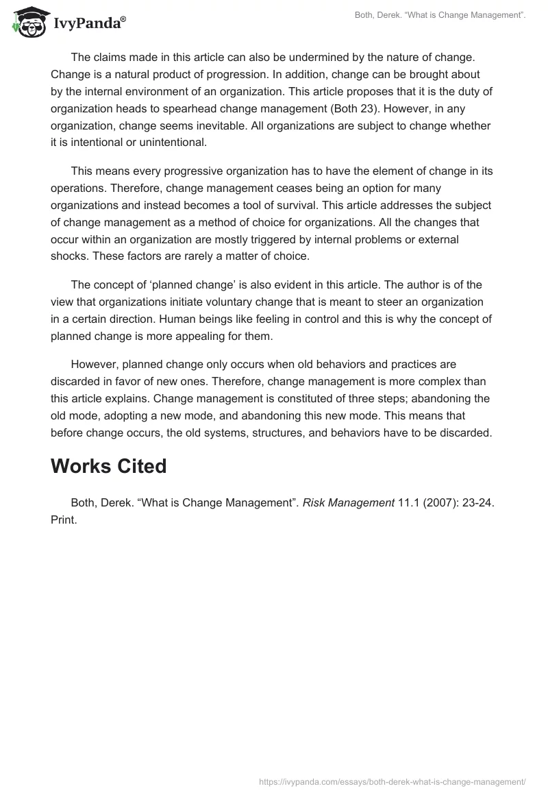 Both, Derek. “What is Change Management”.. Page 2