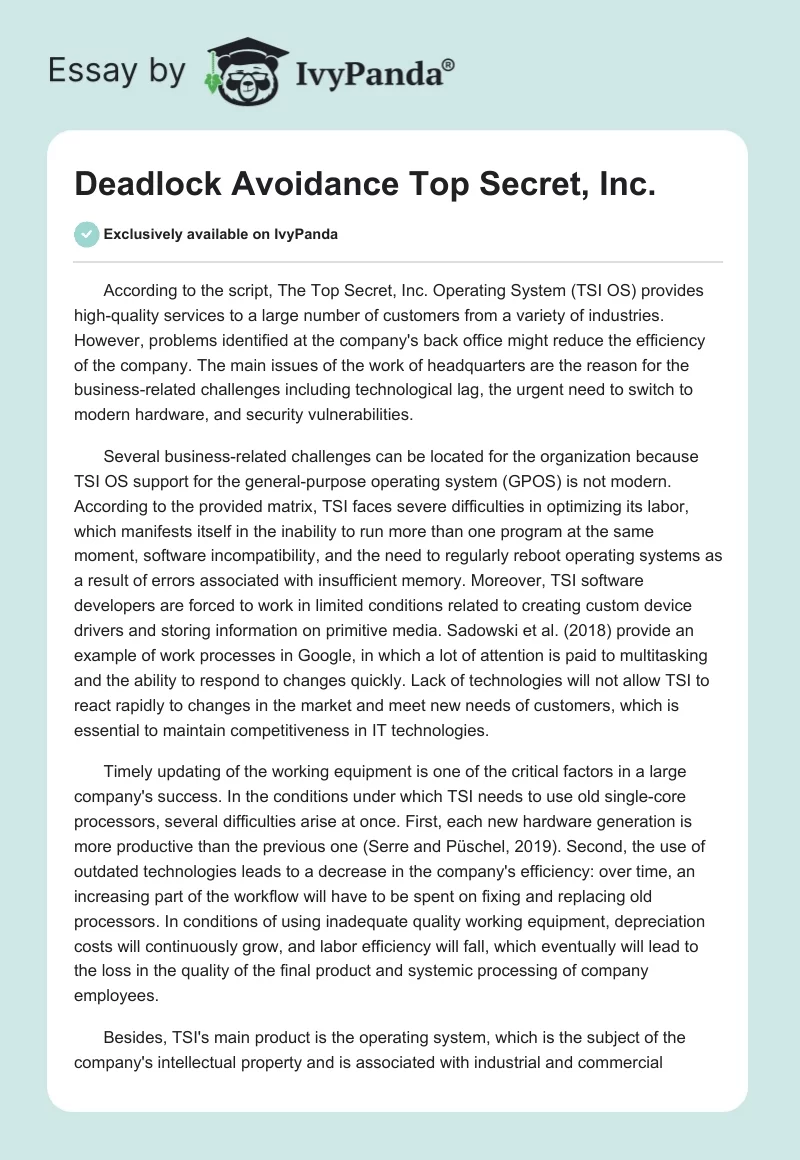 Deadlock Avoidance Top Secret, Inc.. Page 1