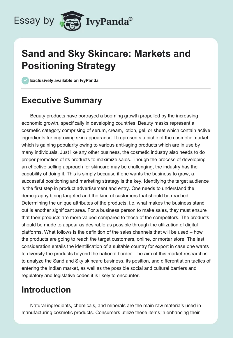 Sand and Sky Skincare: Markets and Positioning Strategy. Page 1