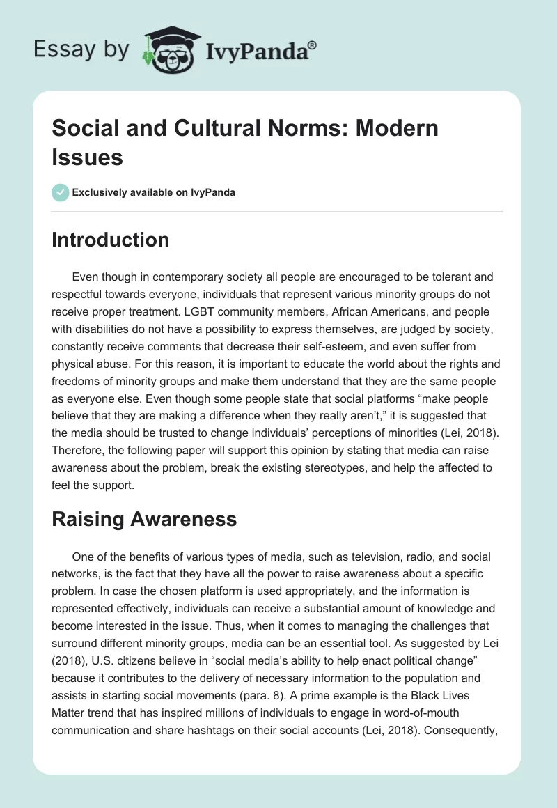 Social and Cultural Norms: Modern Issues. Page 1
