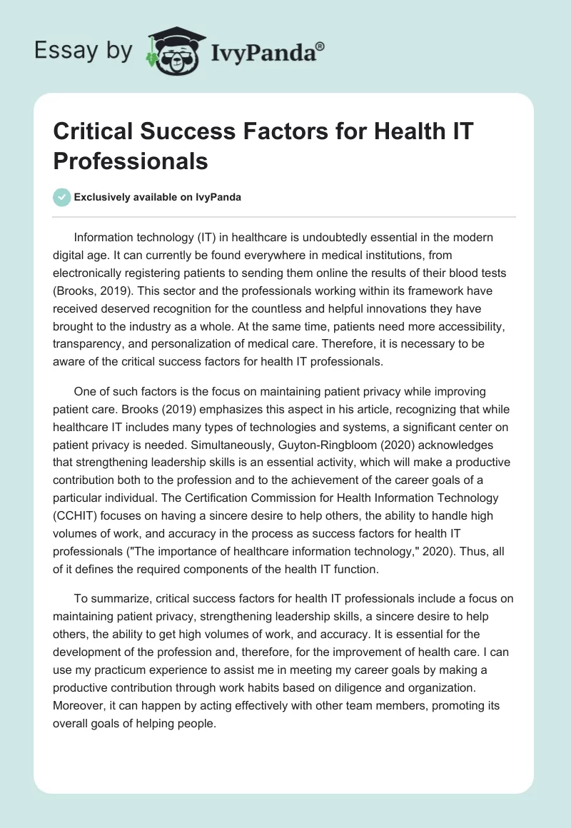 Critical Success Factors for Health IT Professionals. Page 1