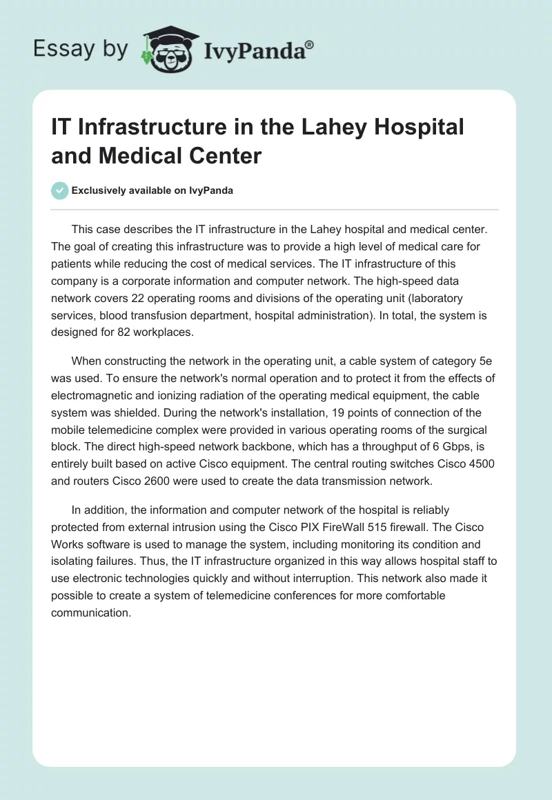 IT Infrastructure in the Lahey Hospital and Medical Center. Page 1