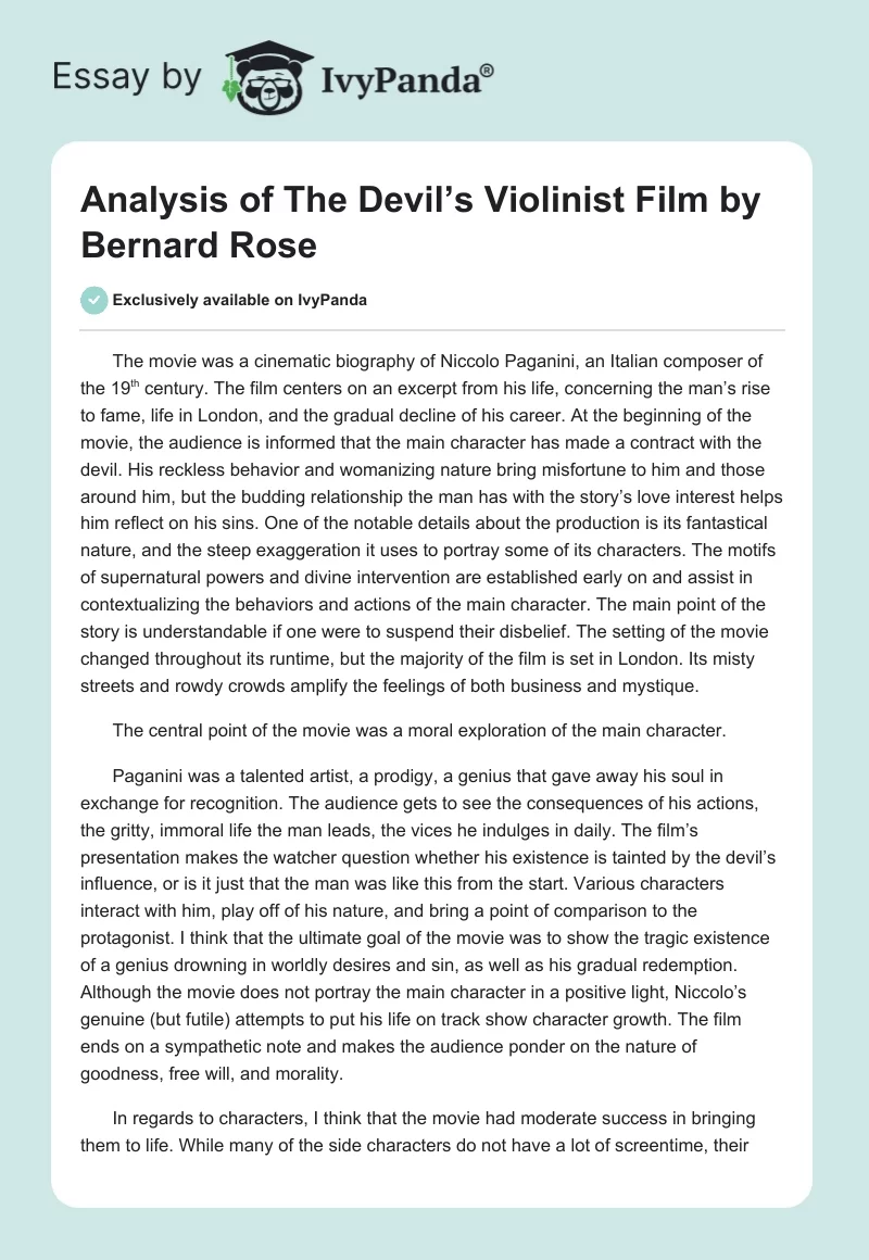 Analysis of "The Devil’s Violinist" Film by Bernard Rose. Page 1